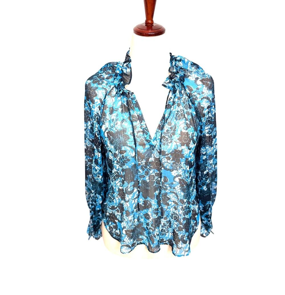 Anthropologie sheer blue floral printed blouse long sleeve v-neck peasant Sz S